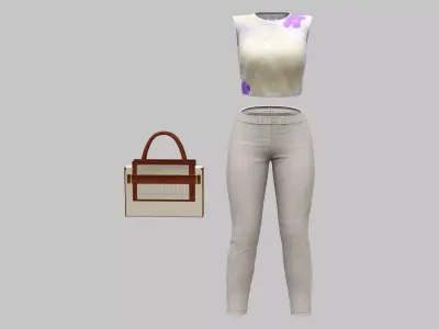 Floral Top Beige Pants Bag Fashionable Casual Street Outfit Low-poly 3D model