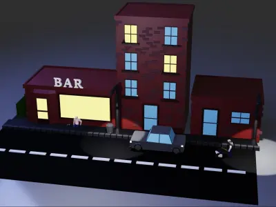 low poly Street bar building at night Low-poly 3D model