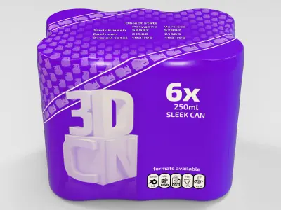 6x 250ml Sleek shrinkwrapped beverage cans 3D model