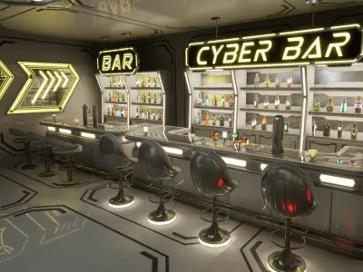 Cyber bar sci fi furniture and neon signs Low-poly 3D model