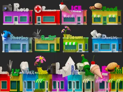 low poly cartoon buildings 3d model pack Low-poly 3D model