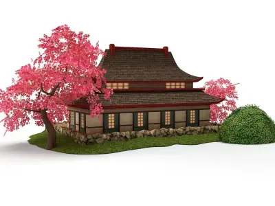 Asian Japanese stylised temple Game Ready Low-poly 3D model