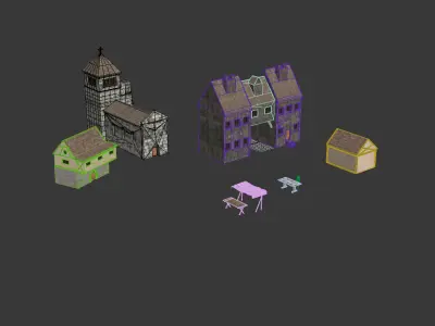 houses medieval village Low-poly 3D model