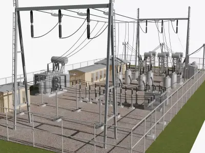 Substation Set 3 power station with wires and poles Low-poly 3D model