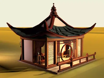 Stylized Chinese Pavilion Traditional Oriental Rest House Low-poly 3D model