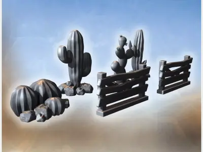 Three cactus arrangements with wooden fences including barrel pr 3D print model