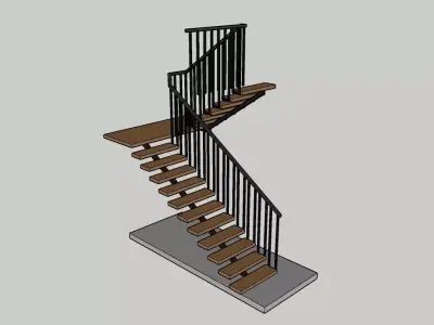 Modern Wooden Staircase with Metal Railing  Free 3D model