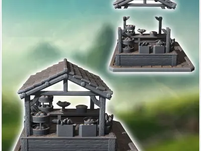 Rustic market stall with baskets barrels and a tiled roof displa 3D print model