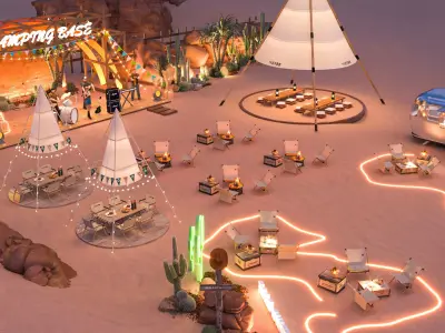 Desert Camping Festival Base with Stage Tents and Camper Trailer 3D model