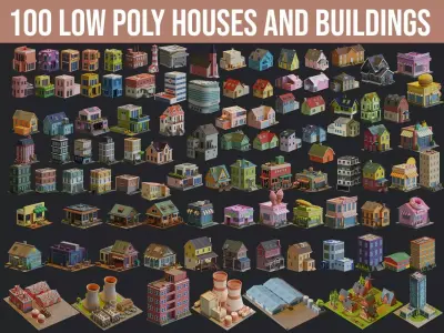 Cartoon Houses and Buildings Low-poly 3D model