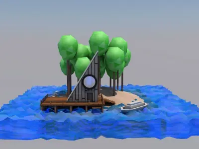 Island with trees and boat 3D model