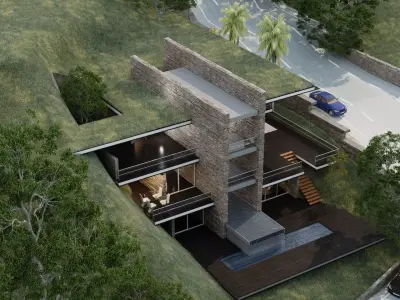 Mountain cliff house villa modern architecture 3D model