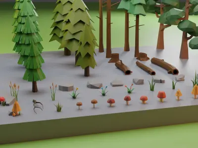 Low Poly Trees Grass and Rocks Low-poly 3D model