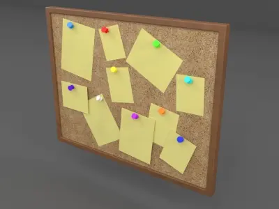 Pinboard bulletin board with sticky notes Low-poly 3D model