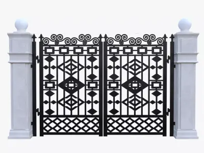 Ornate Iron Gate and Pillars PBR Low Poly 3D Model Low-poly 3D model
