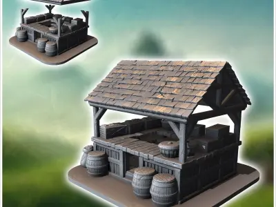Wooden market stall with barrels crates and a slanted roof displ 3D print model