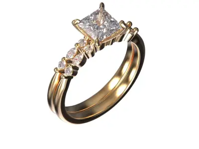 Princess Cut Diamond Split Shank Ring in 14K Yellow Gold 3D print model