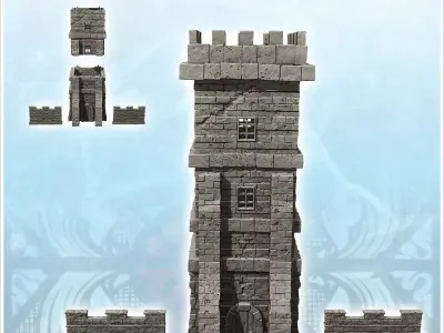 Medieval cut stone defense tower with adjoining walls 13 - Medie 3D print model