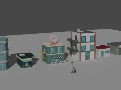 Low Poly  Building and Shop Set Low-poly 3D model