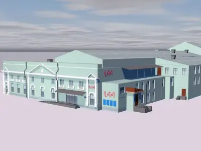 Supermarket building on cloudy day Low-poly 3D model