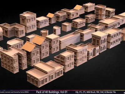 Pack of 40 Buildings Volume 01 Low-poly 3D model