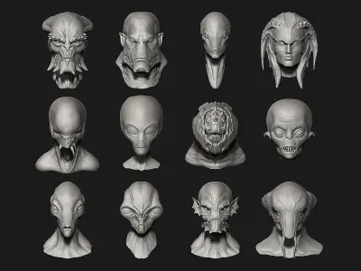12 Aliens Heads 3D model