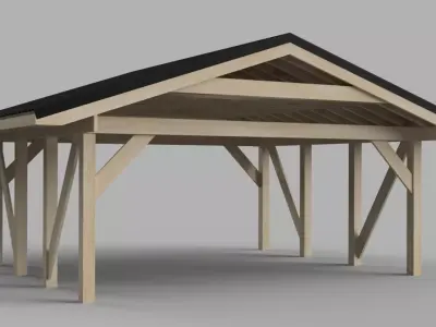Editable wooden 2-stand carport with black roof 3D model