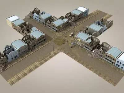 Destroyed City Corner Game Environment Kitbash 3D model