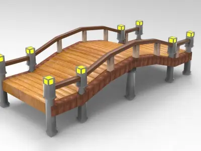 Bridge Low Poly wooden with lights Low-poly 3D model