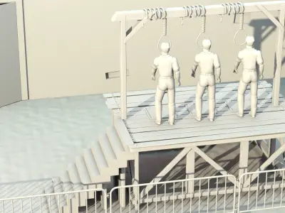 Corded three men hanging from wooden platform 3D model