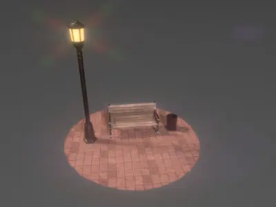 Park bench plus lantern and garbage bin Low-poly 3D model