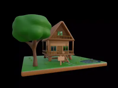 Stylized Wooden Cabin House with Tree and Pond Diorama Low-poly 3D model