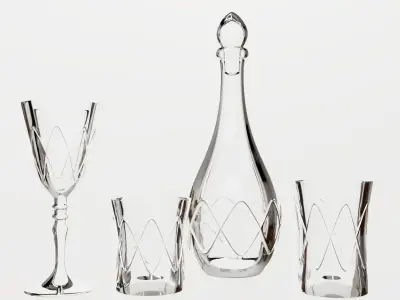 Glass Set silver decanter and glasses on table 3D model