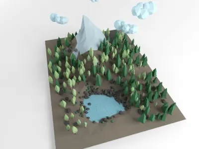 Low poly lanscape mountain hill tree lake rock 3D low poly model Low-poly 3D model