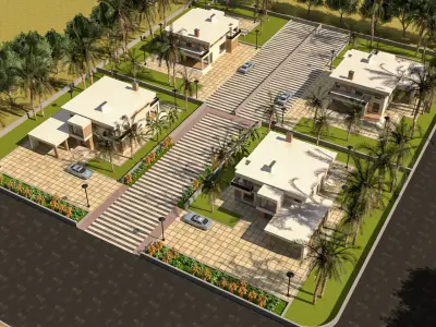 Low poly Modern Tropical Housing Development Scene Low-poly 3D model