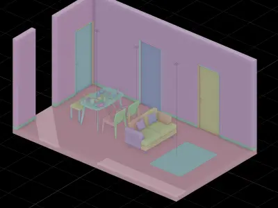 Isometric Open Space Interior Dining Living Room 3D model