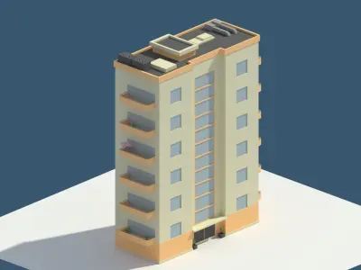 Low Poly Aparment 2 tall building with balconies Low-poly 3D model