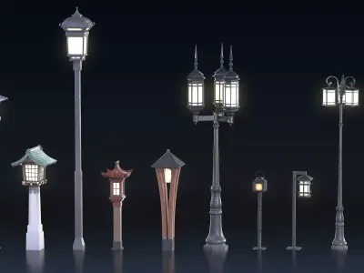 Asian Street Lights Set Low-poly 3D model