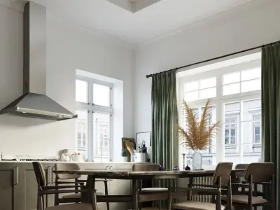 Minimalistic Living Room and Kitchen with Wood Parquet Floor Low-poly 3D model