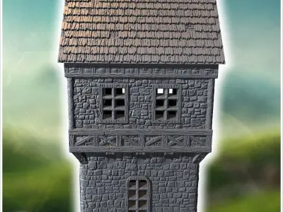 Tall medieval building with a turret stone walls and a pointed r 3D print model