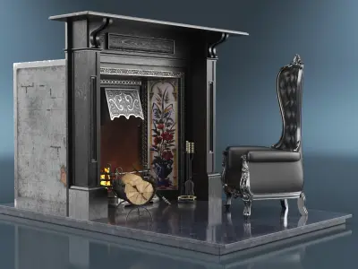  Victorian Fireplace with Leather Chair 