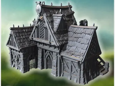 Expansive guild hall featuring decorative woodwork stone foundat 3D print model