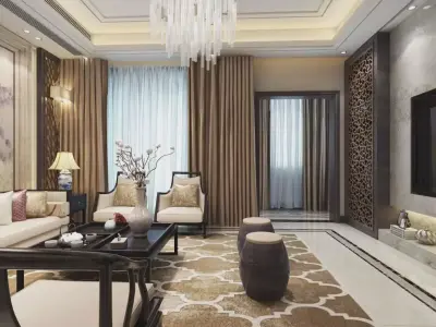 living room with dining room 3D model 3D model