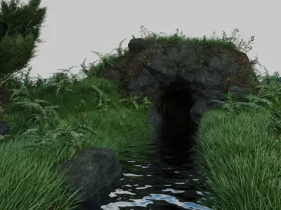 Scene grassy area with rocks and trees 3D model