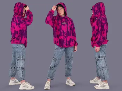 Wide Stance Gaze Girl in Casual Hoodie Jeans Joggers and Cap 3D model