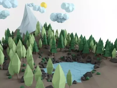 Low poly lanscape mountain hill tree lake rock 3D low poly model Low-poly 3D model