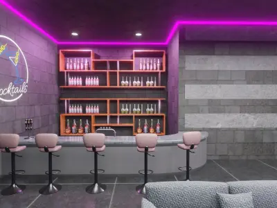 MODERN LIVING ROOM WITH BAR - VR WORLD Low-poly 3D model