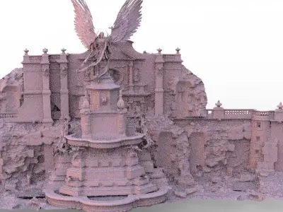 Cathedral with angel statues in ruins 3D model