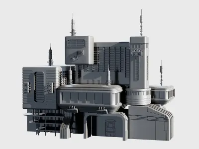 10 Scifi Bulding  More Then 30 Props Low-poly 3D model