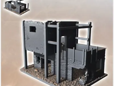 Ruined desert building with wooden frame and intact upstairs ter 3D print model